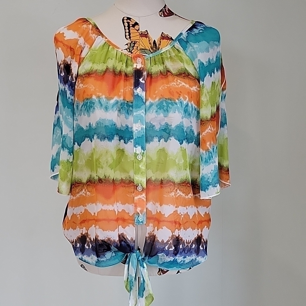 A. BYER colorful tie dye type top with cut out sleeves. Size is Large.